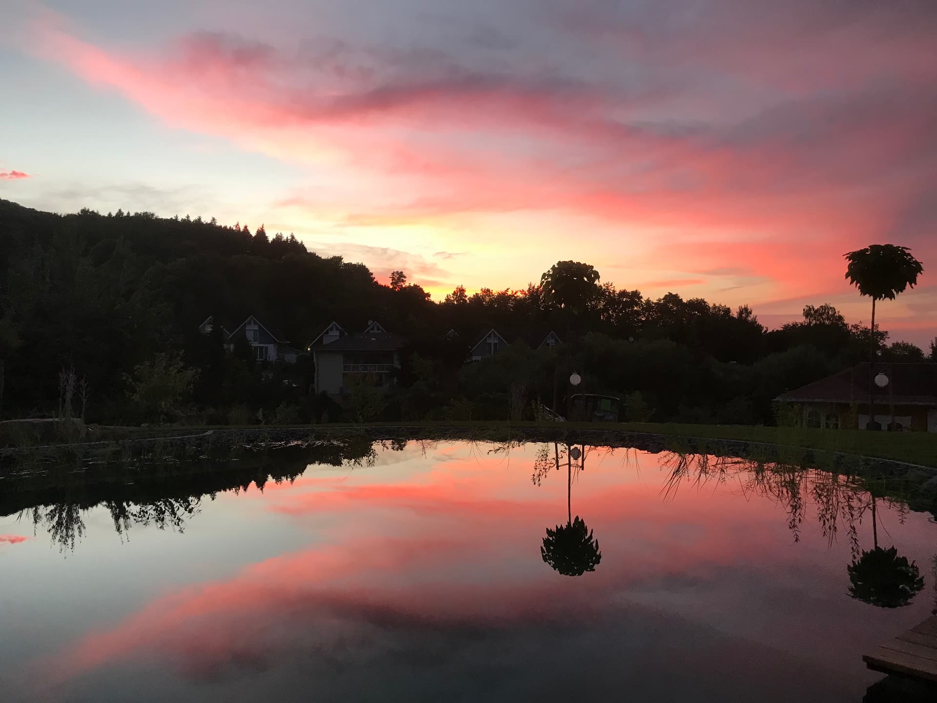Schwimmteich bei Sonnenuntergang in Ittenbach – Stefan Keiser Gartengestaltung